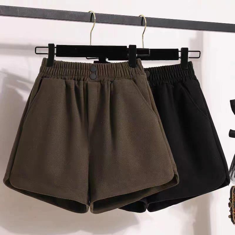 Plus Size Autumn Outerwear Petite Woolen Shorts for Women, High-Waisted A-Line Boot Shorts in Coffee Color, Slimming Casual Pants