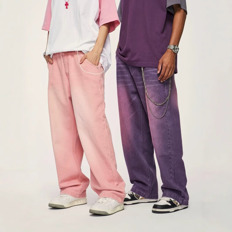 Cross-border Pink Wide Leg Jeans Unisex High Street Water Denim Trousers Men's Loose Trousers Plus Size