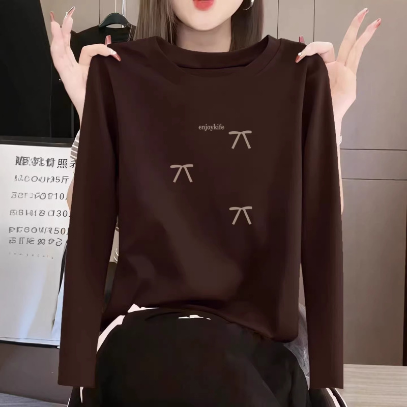 Women's Pure Cotton Long-Sleeve T-Shirt in Coffee Color, Versatile and Stylish Design, Top for Layering, 2026 New Spring and Autumn Model