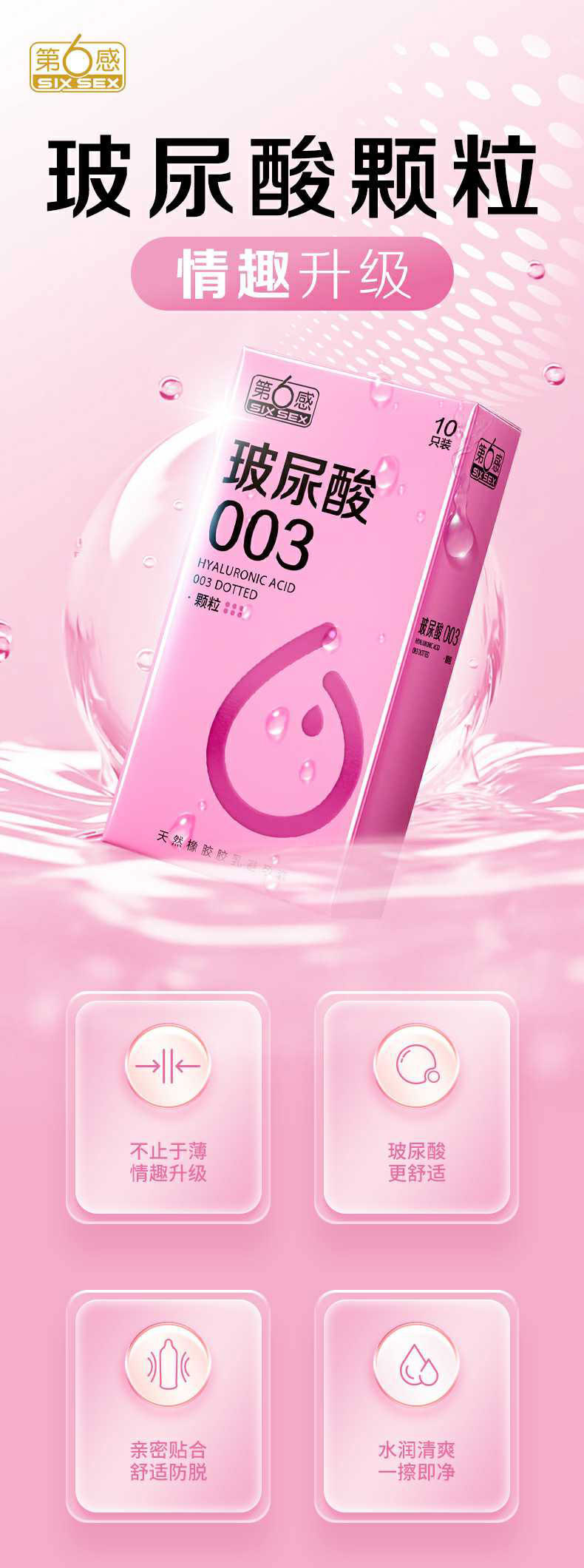 Sixth Sense Hyaluronic Acid 003 Granules Condoms, Ultra-Thin Natural Latex, Medium, 10 Pack — detail image 1