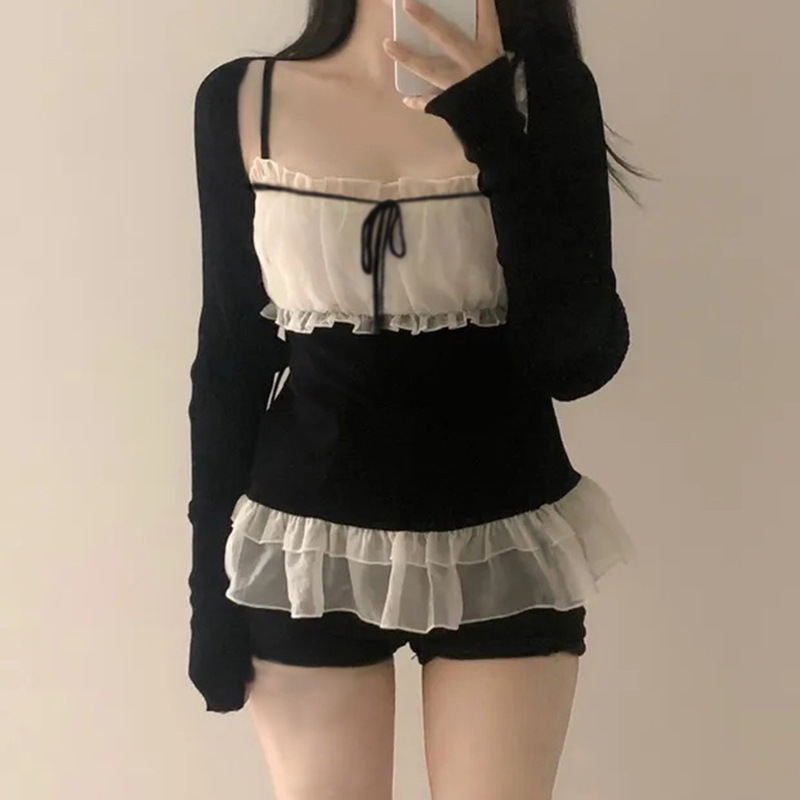 纯欲甜美风少女减龄网纱拼接系带蝴蝶结吊带+气质韩系ins长袖开衫|undefined