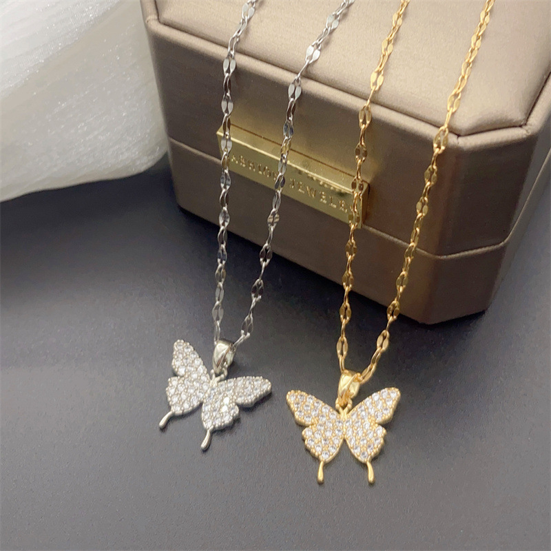 7g Weight 0.05µm-0.08µm Gold Plating Thickness PVD Coated Gold Plating Process Real Gold Plated Plating Material PVD Coated Real Gold Plated Butterfly Stainless Steel Fashion Waterproof Non Tarnish Necklace