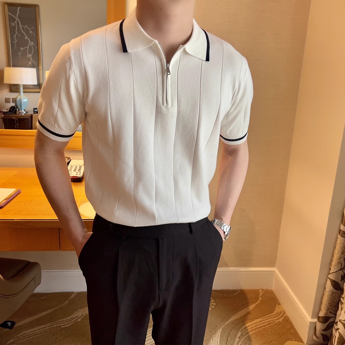 Polo de punto de manga corta para hombre con media cremallera y solapas, de lujo ligero, para negocios, venta al por mayor transfronteriza, de seda helada de secado rápido para verano