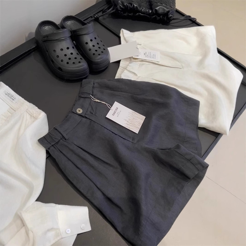 脱ぎたくない〜綿麻ショートパンツ、快適、通気性、多用途、夏の日本のレトロなハイウエストゴムウエストワイドレッグパンツ|undefined