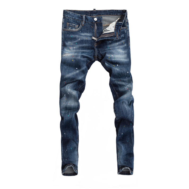 European and American high street fashion men's jeans retro dark blue washed embroidered paint micro elastic slim fit skinny pants men's fashion