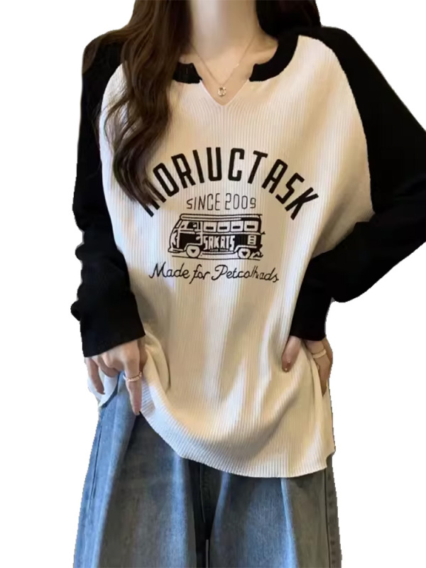 秋季大码时尚正肩V领长袖T恤女秋冬胖mm感显瘦遮肚炸街针织上衣|undefined