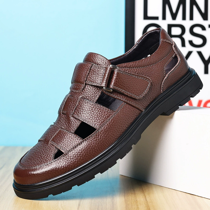 Летние сандалии Баотоу мужская кожаная обувь среднего и пожилого отца мужская кожаная мягкая подошва нескользящая и дышащая повседневная обувь