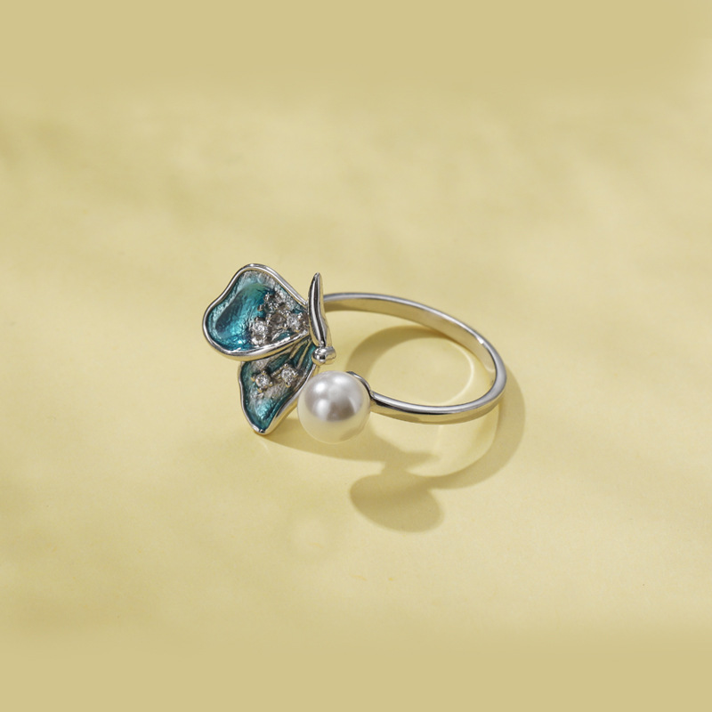 Estilo coreano nuevo simple chica fresca anillo s925 plata esterlina rebordear mariposa personalidad anillo de la perla abierta