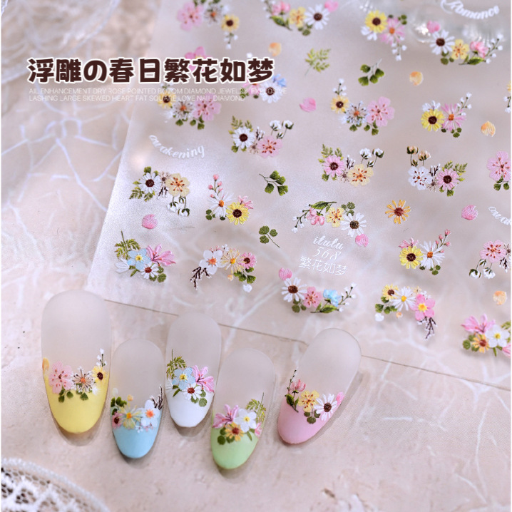 Nail Art Spring Flower Stickers New Style Fresh Daisy Marigold Cherry Blossom Embossed Small Dried Flower Nail Decals