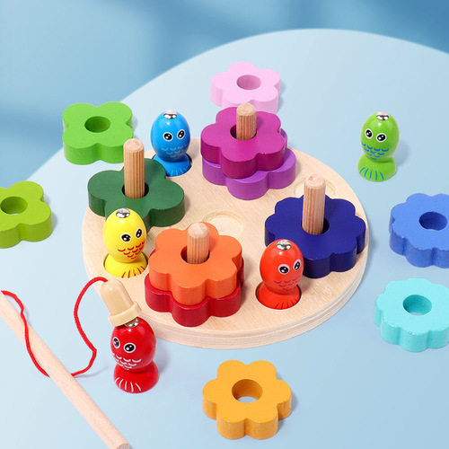 Children's educational two-in-one four-set column stacking toys early education geometric shape matching Montessori set of column fishing toys