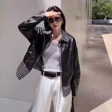 高端条纹格子衬衫拼接皮衣外套女欧货25秋新款帅气假两件pu皮夹克