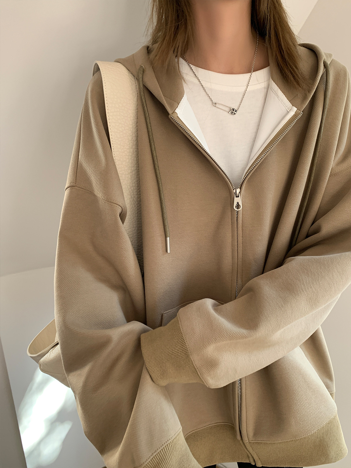Ayihe lazy sweater women's spring and autumn hooded loose fleece-lined khaki zipper casual cardigan jacket