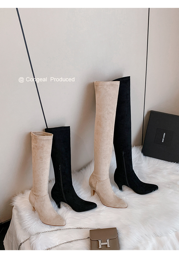 Boot nữ cổ cao trên gối mũi nhọn gót cao 9 cm chất da lộn co giãn — Lớp lót nhung tiêu chuẩn màu đen trên đầu gối, Lớp lót nhung lớn màu mơ trên đầu gối, Giày bốt cao cấp lót nhung tiêu chuẩn màu mơ, Lớp lót nhung đen trên đầu gối chi tiết 20