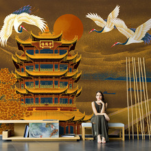 新中式国潮金色墙布黄鹤楼壁纸电视背景墙轻奢复古仙鹤壁画8d