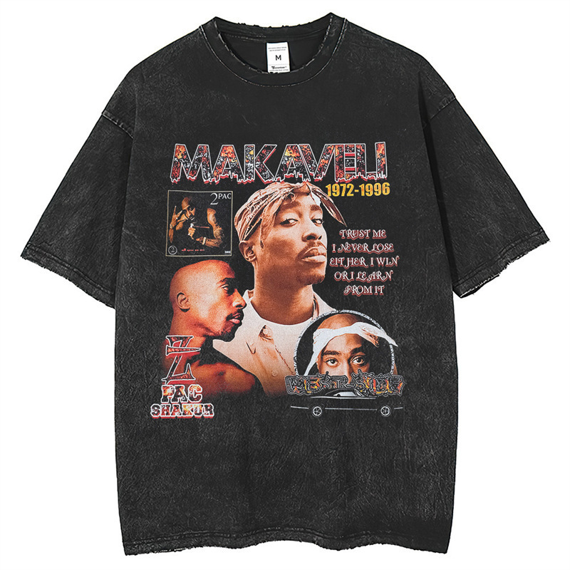 Washed Retro T-Shirt for Men, Summer Portrait Short-Sleeve Shirt, Street Print Cross-Border Shirt, Vintage Style 2Pac 23250g Washed Retro T-Shirt for Men, Summer Portrait Short-Sleeve Shirt, Street Print Cross-Border Shirt, Vintage Style 2Pac 23250g