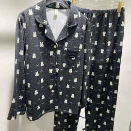 2026早冬季新款薄绒长袖长裤小兔印花复古家居服睡衣两件套可外穿