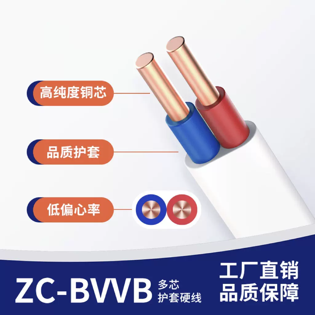 BVVB铜芯白色扁型护套1/1.5/2.5/4平方家用绝缘硬芯电线平行