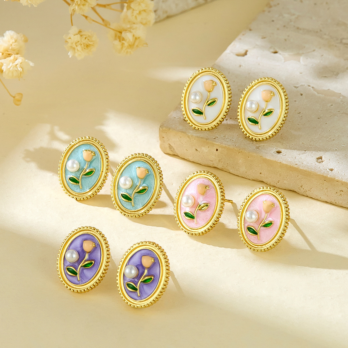 Nuevo diseño de nicho chino Pendientes de estilo de pintura al óleo flores de perlas Pendientes de esmalte pintado temperamento Pendientes dulces al por mayor