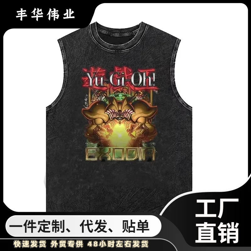 2025 Fitness T-Shirt Men's Anime Game King Print Summer Casual Sleeveless Shirt Women's Retro Washed Back
