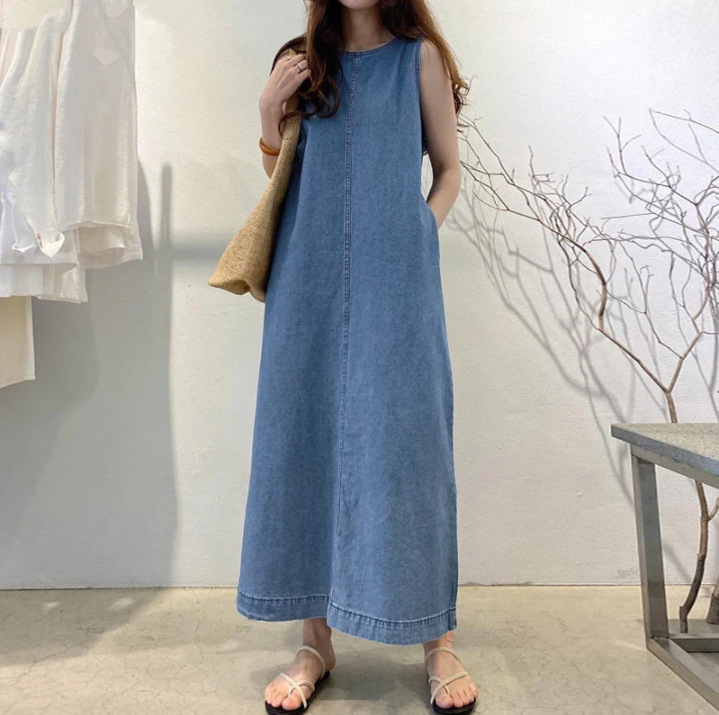 2024 New Fashion Round Neck Sleeveless Loose Pocket Long Pullover Bohemian Denim Dress