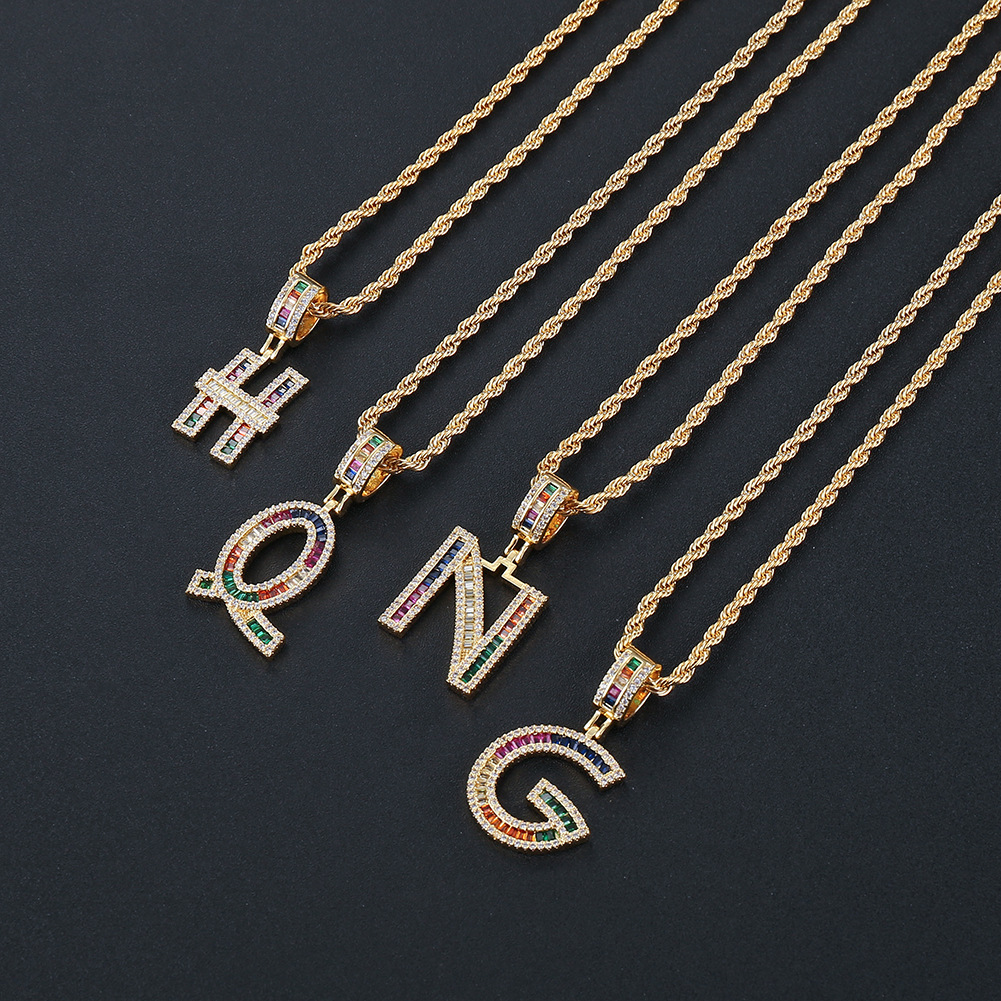 Hip Hop Color Zircon 26 English Letter Copper Necklace