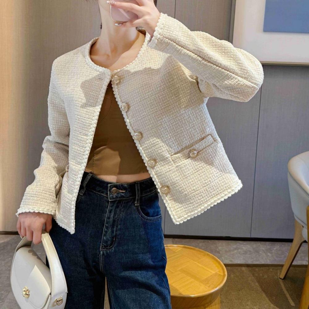 Women's Fashion Outerwear Korean Style Off-White French Short Tweed Jacket for Ladies
