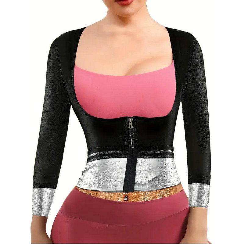 Silver-coated Women's Long-sleeved Zipper Body Shaping Clothes Bundle Sweat-stuffy Sports Fitness Waist Breast-support Fat-reducing Yoga Sauna Clothes