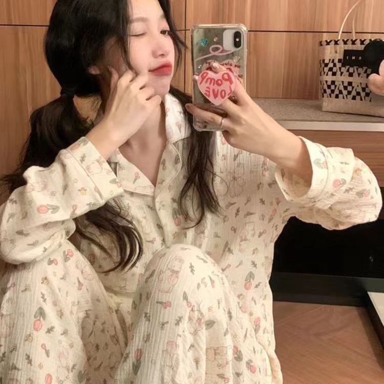 Cute Cute rabbit pajamas women's long-sleeved linen cotton lace cardigan comfortable sweet autumn and winter home wear suit