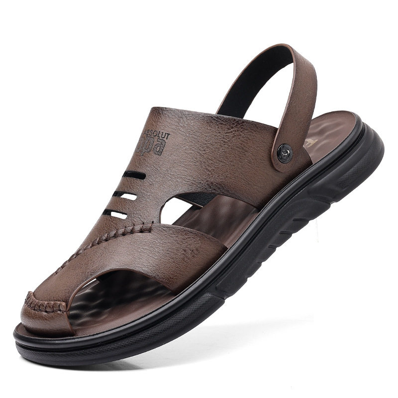 Dép sandal nam da bò thật mũi kín thoáng khí kiểu mới đi biển — Màu nâu 55530
