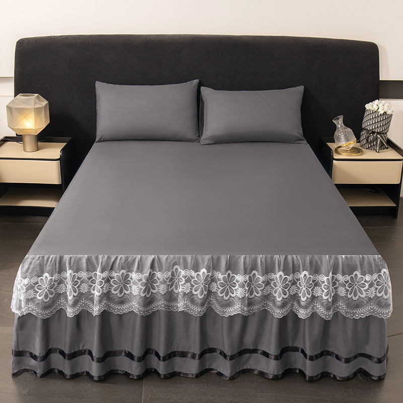 Cross-Border Solid Color Washed Cotton Brushed Bed Skirt Single Piece Bed Skirt Three-Piece Set Mattress Protector with Skirt Anti-Slip Non-Slip