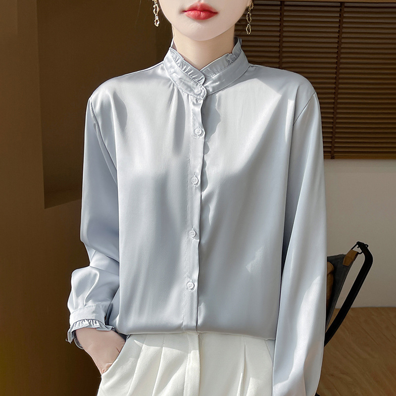 Silk Satin 2025 Spring and Summer New Women's Wear Long Sleeve Shirt Short Fashion Top Lace Shirt