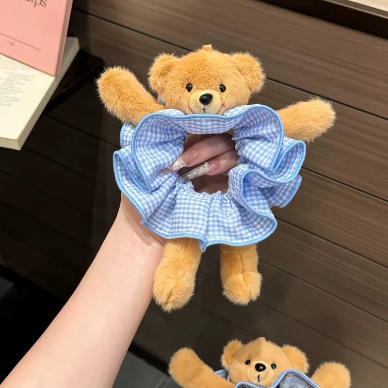 Cute and super stylish plush bear plaid scrunchie for playful bun hairstyles, hair accessory wholesale