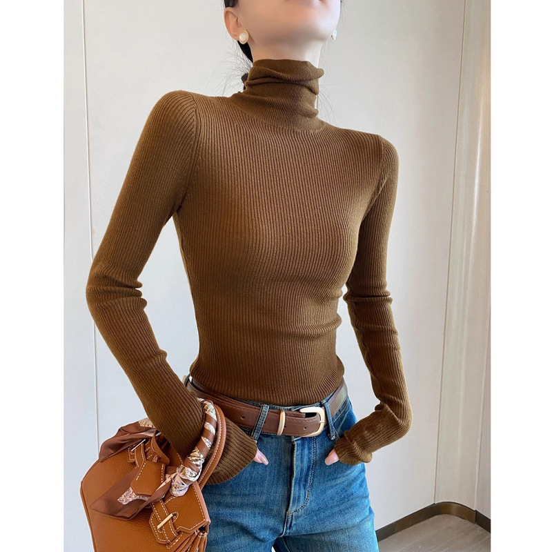 Pinken Brown High-Neck Long-Sleeved Knitwear for Women Autum 2025 New Slimming Look Bottoming Knitwear