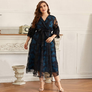 Factory direct selling large swing type temperament commuter blue printing fashion European and beautiful women's clothing plus size dress