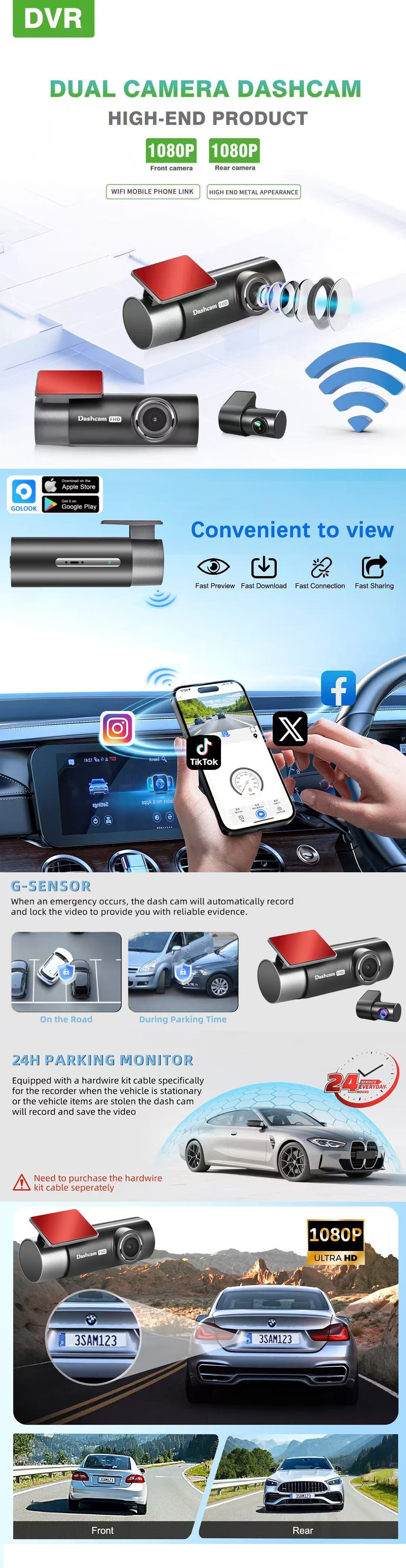 Cross-Border High-Definition Driving Recorder V3 Driving Recorder Parking Monitoring Mobile Phone Wifi Connectivity Dashcamdvr