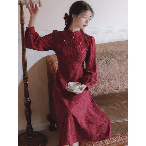 新中式国风旗袍改良连衣裙女装早秋季2023新款长袖红色裙子订婚裙