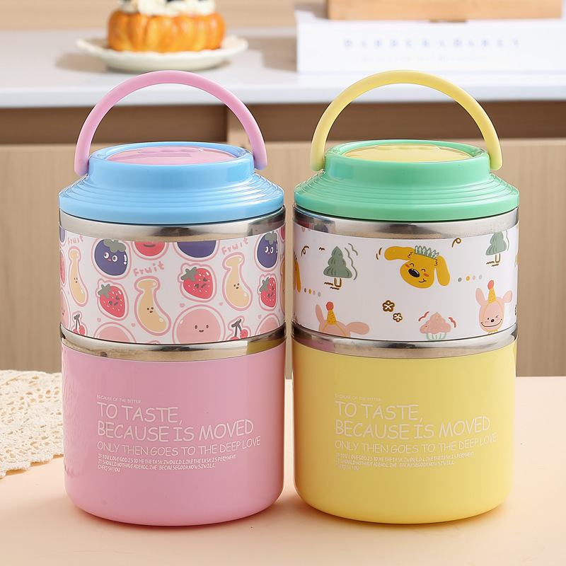 Cute Cartoon Insulated Lunch Box 304 Stainless Steel Kidsren's Student Soup Bowl Lunch Box Spoon Portable Two-Layer Double Round