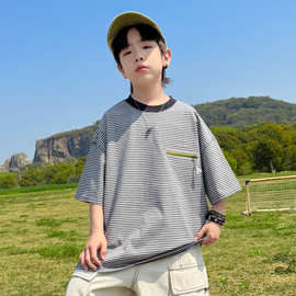 男童条纹短袖t恤夏季2026新款儿童夏装棉质上衣帅气男孩半袖时髦T