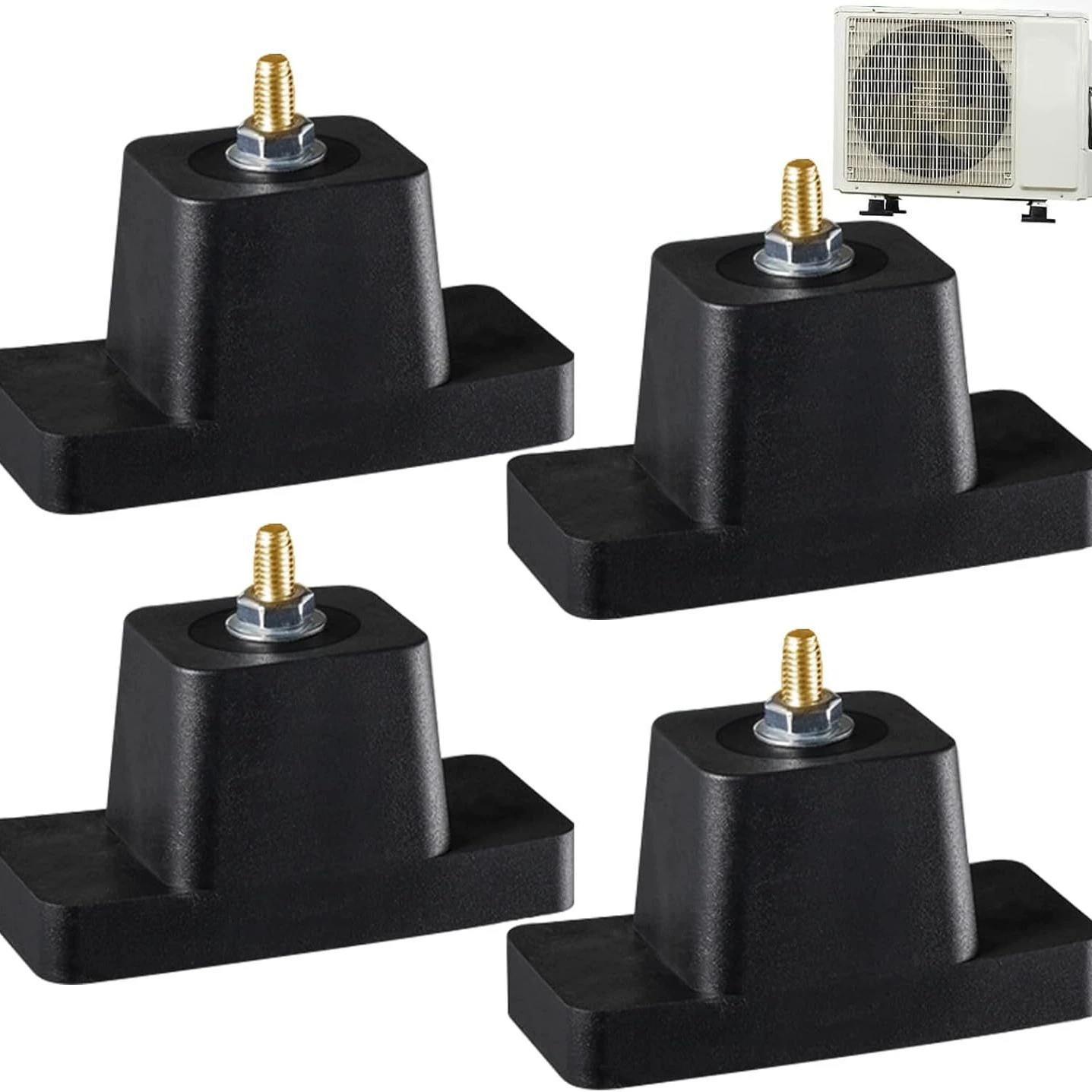 Комплект из 4 предметов: резиновые подшипники амортизаторов кондиционера, амортизирующие резиновые прокладки кондиционера, кронштейны наружного блока кондиционера, амортизирующие основания кондиционера.