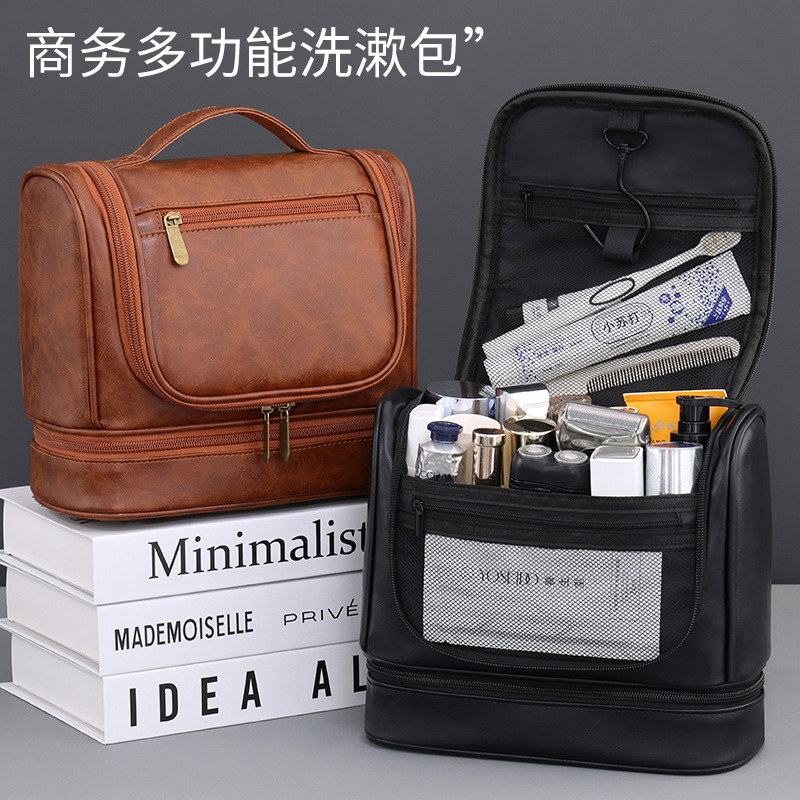 Bolsa de lavado para hombres de gran capacidad colgante de doble capa transfronteriza, bolsa de almacenamiento de cosméticos de separación seca y húmeda portátil para viajes de negocios