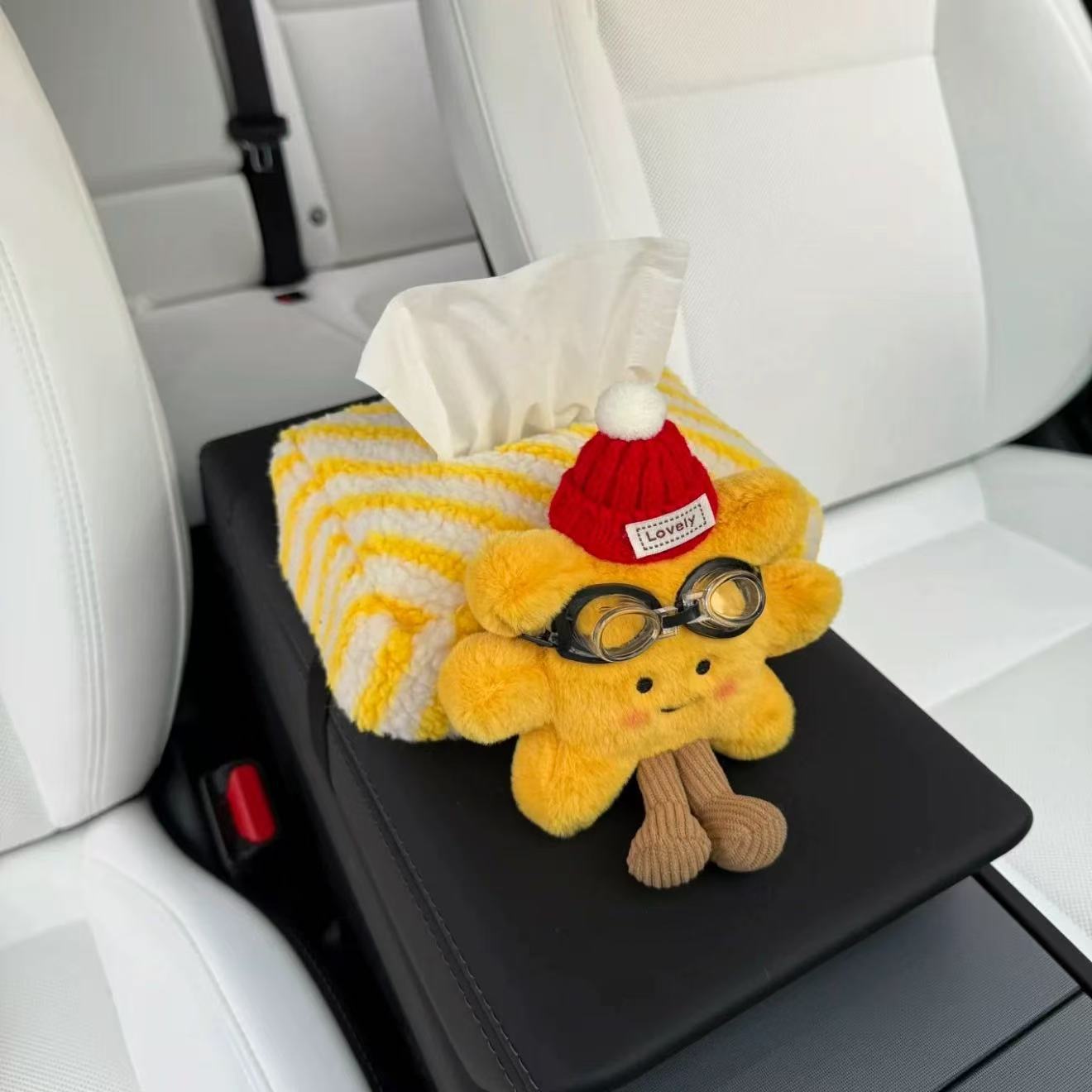 Car Tissue Storage Bag, Cute Plush Sunflower Striped Tissue Bag, Car Armrest Box Tissue Box