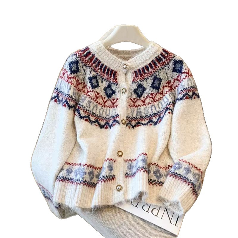 2025 otoño y invierno nuevo color retro Jacquard diseño sensación de jersey de punto suéter coreano chaqueta de aire extranjero de moda suelta