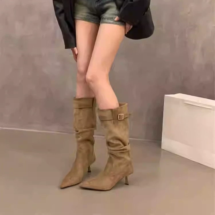 Khaki summer retro high boots, mid-length