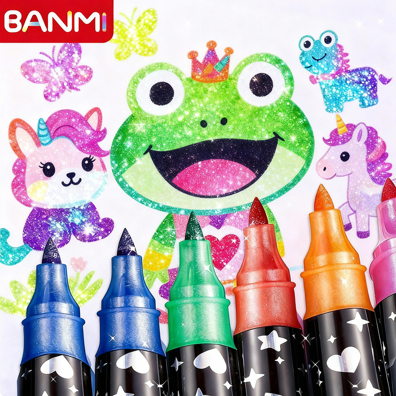 Double-Ended Thick Glitter Marker Pen, Soft Tip Pearlescent Color Glitter Highlighter, Glitter Watercolor Pen Wholesale Available for Cross-Border Sales