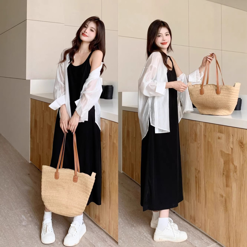Spring and Summer New Style Holiday-Style Loose-Fitting Sun-Protective Shirt Paired with a Mid-Length Sleeveless Double-Strap Dress Set for Women Spring and Summer New Style Holiday-Style Loose-Fitting Sun-Protective Shirt Paired with a Mid-Length Sleeveless Double-Strap Dress Set for Women