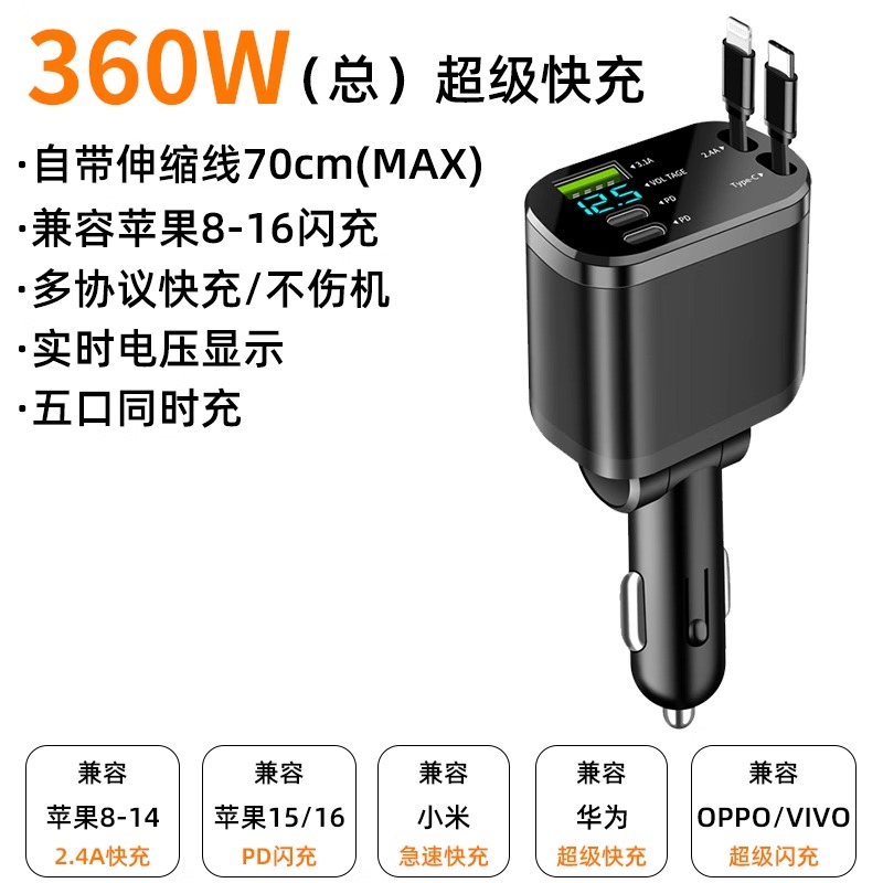 Qìchē Car Charger 120w Super Fast Charge Cigarette Lighter Adapter (Mobil şarj cihazları) - exclusive-speed-up-super-fast-charge-five-ports-simultaneously-with-retractable-cable