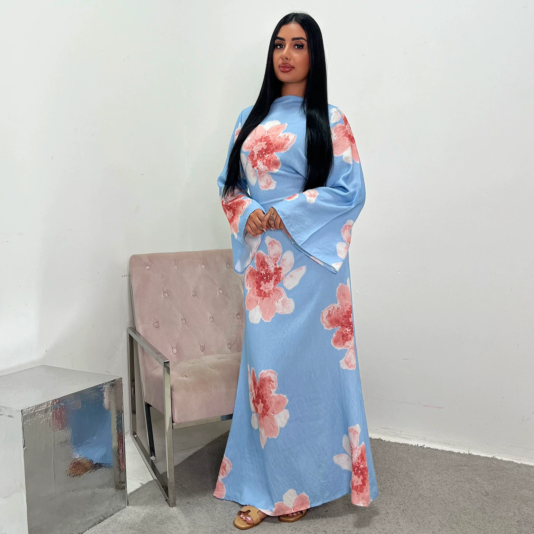 Платье длинойankle с принтом (Loriya) пояс на шнуровке и расклешёнными рукавами, эластичная ткань, размеры S–XL