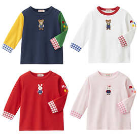 miki24春款日系可爱中小男女儿童装全棉字母熊兔贴布刺绣拼色长袖