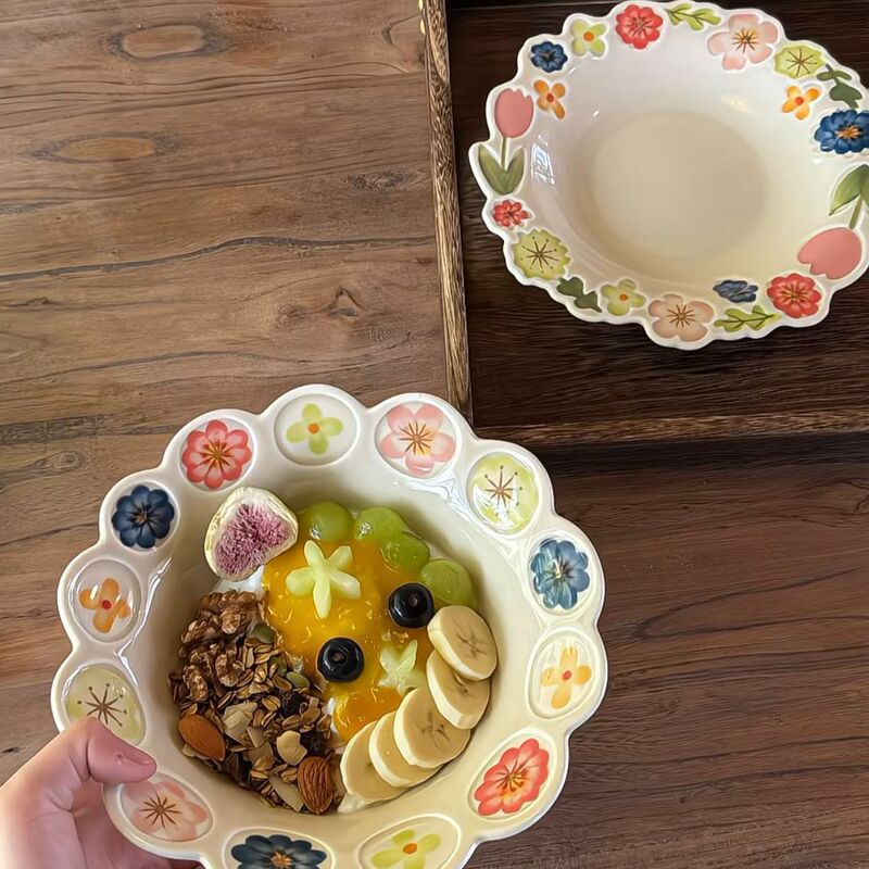 Purely Handmade Underglaze Flower Series Japanese Retro Ceramic Tableware High-Value Dinner Plate Household Rice Bowl Fruit Plate