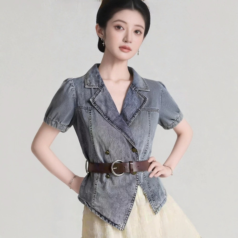 Designed with a Retro Feel, Irregular Suit Collar, Belt Cinched at the Waist for a Slimming Effect, Puff Sleeves, Thin Denim Short-Sleeve Top
